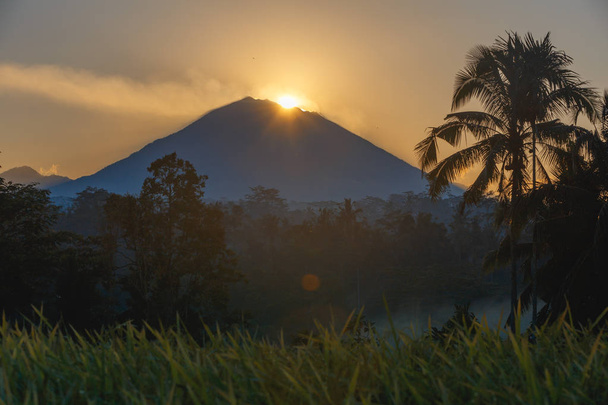 Fantastique lever de soleil avec vue imprenable sur le volcan Agung et les jungles avec terrasses de riz à Bali. voyages en série
. - Photo, image