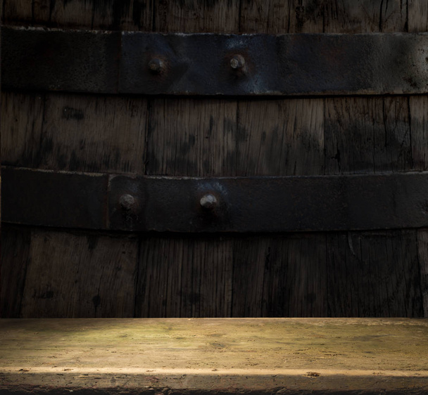 background of barrel and worn old table of wood - Foto, Imagem
