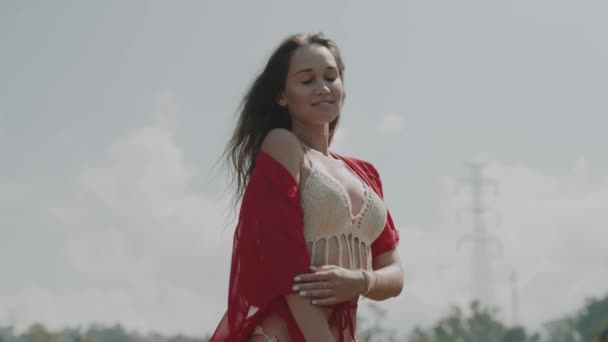 Beautiful woman in rice fields / Beautiful young woman in red transparent dress posing in rice field over cloudy sky background - video in slow motion - Footage, Video