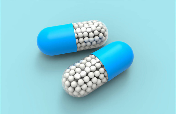 blaue Kapsel mit weißen Medikamentenkugeln im Inneren isoliert auf blau. 3D-Illustration - Foto, Bild