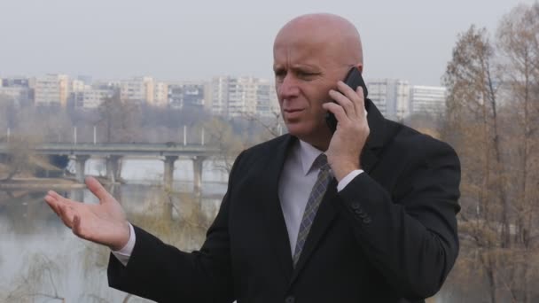 Businessman in Slow Motion View Receiving Bad News Phone Call Gesturing Nervous. - Video, Çekim