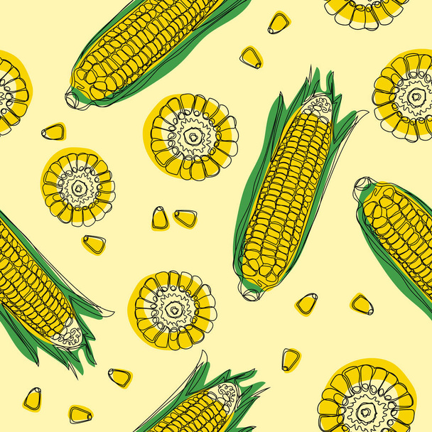 gelbe Maiskolben mit grünen Blättern mit nahtlosem Muster. reifes Maisgemüse. Vektorillustration. - Vektor, Bild