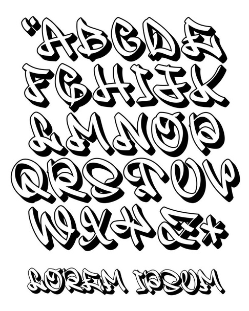 Vectorial font in graffiti hand written 3D style. Capital letters alphabet. Isolated on white background. - Vector, Image