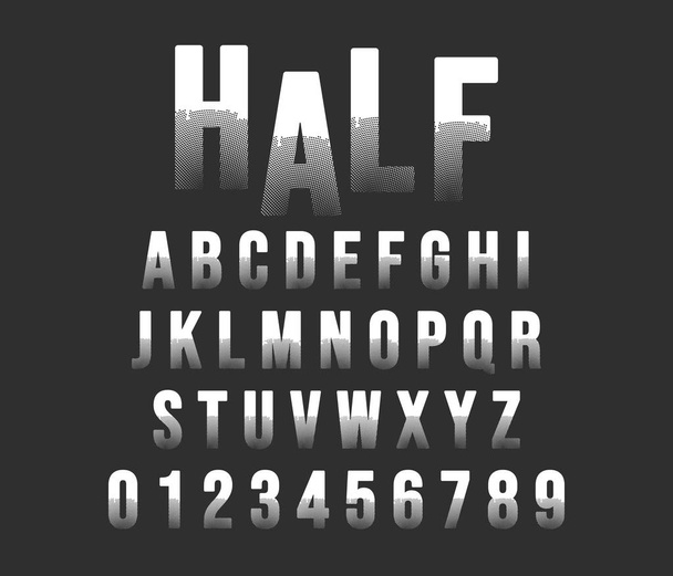 Halftone alphabet font template. Letters and numbers half tone stamp design. Vector illustration. - Vector, Image