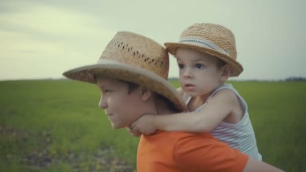 2 人の兄弟は夏の麦わら帽子のフィールドで歩いています。. - 映像、動画
