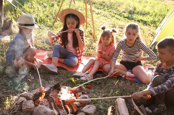 Little children frying sausages on bonfire. Summer camp - Foto, Imagen