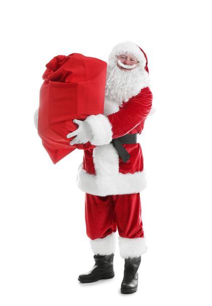 Authentic Santa Claus with red bag full of gifts on white background - Foto, Imagem