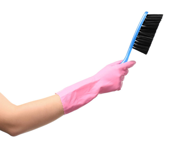 Woman holding brush on white background. Cleaning service - Foto, afbeelding