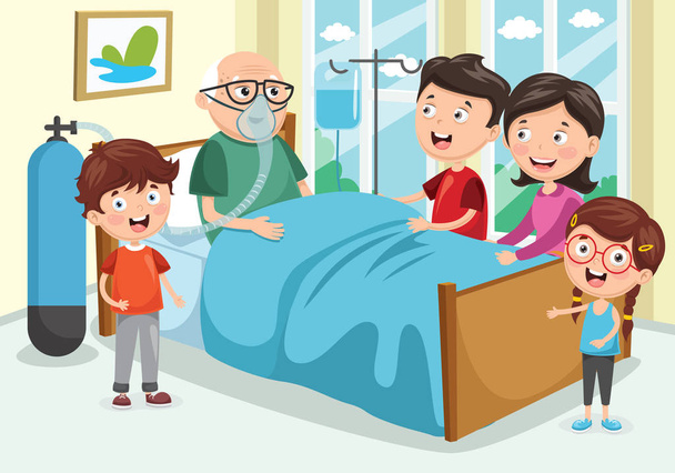 Vector Illustration Of Family Visit Grandfather At Hospital - Vector, Image