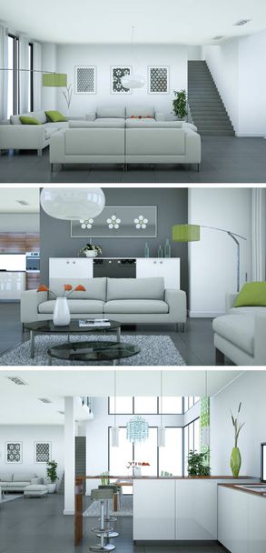 Tres vistas del moderno diseño de loft interior con sofás
 - Foto, Imagen