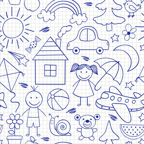 seamless pattern with kids drawings in blue color -  vector illustration, eps - Vector, Image