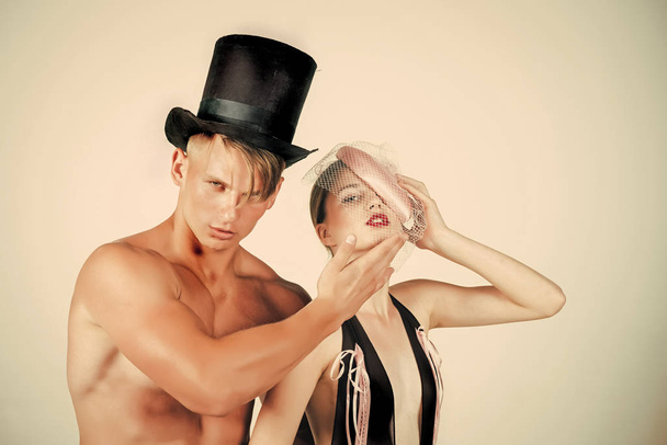 Beauty Fashion model couple. Fashion look. Woman or girl wearing sexy lingerie and veil hat - Zdjęcie, obraz