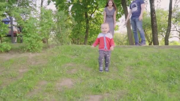Boldog kis gyerek játszik a szüleivel, a parkban a fű a napfény. - Felvétel, videó