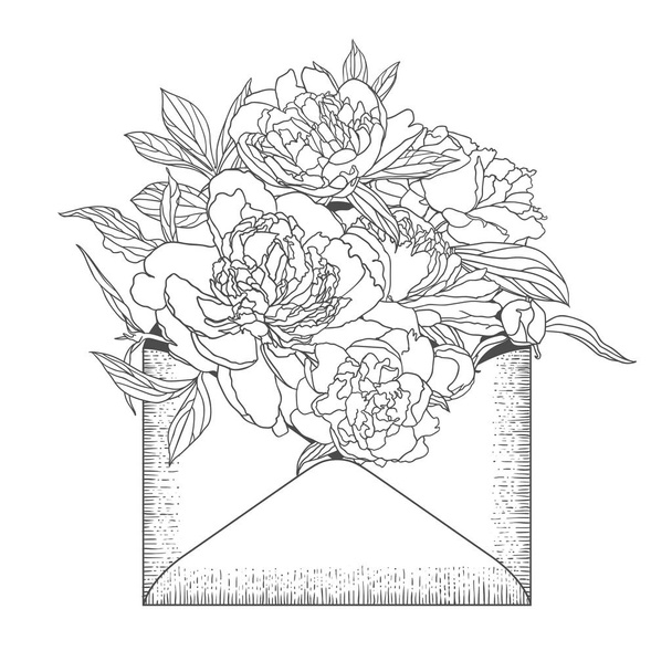 Boríték, lineáris bazsarózsa virágok. Fekete-fehér vektoros illusztráció - Vektor, kép
