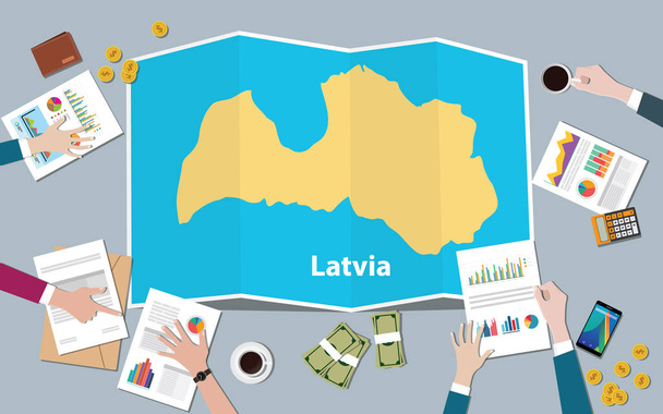 Lotyšsko ekonomika země růst národa týmu diskutovat s skládání mapy pohled z horní vektorové ilustrace - Vektor, obrázek