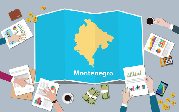 Černá Hora ekonomika země růst národa týmu diskutovat s skládání mapy pohled z horní vektorové ilustrace - Vektor, obrázek