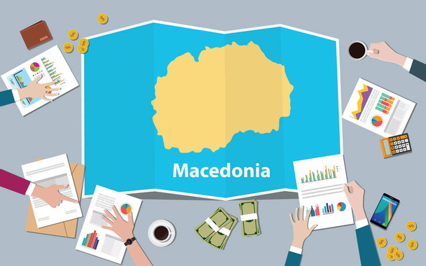 Makedonie ekonomika země růst národa týmu diskutovat s skládání mapy pohled z horní vektorové ilustrace - Vektor, obrázek