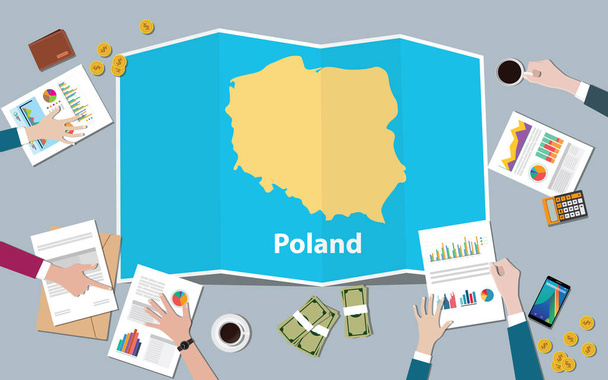 Polsko ekonomika země růst národa týmu diskutovat s skládání mapy pohled z horní vektorové ilustrace - Vektor, obrázek