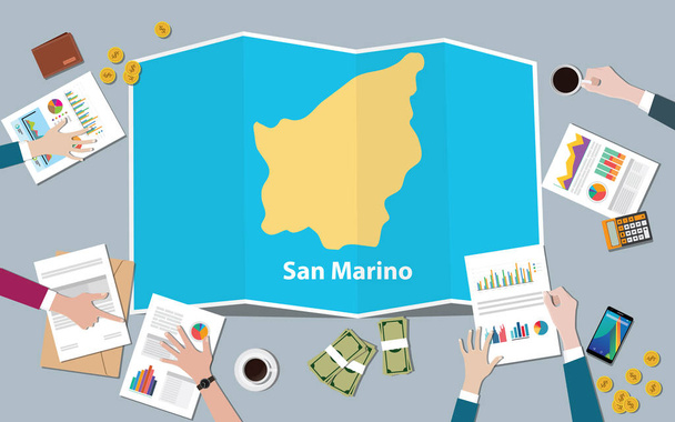 San marino ekonomika země růst národa týmu diskutovat s skládání mapy pohled z horní vektorové ilustrace - Vektor, obrázek