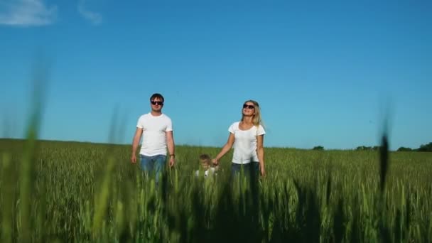 Caminando familia en el campo con un niño en camisetas blancas
 - Metraje, vídeo