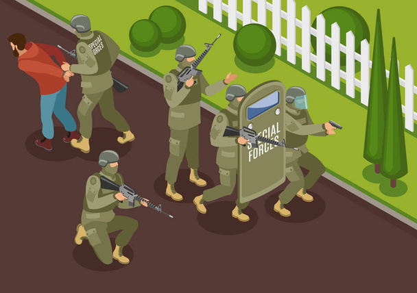 Борьба с изометрической иллюстрацией террористов
 - Вектор,изображение