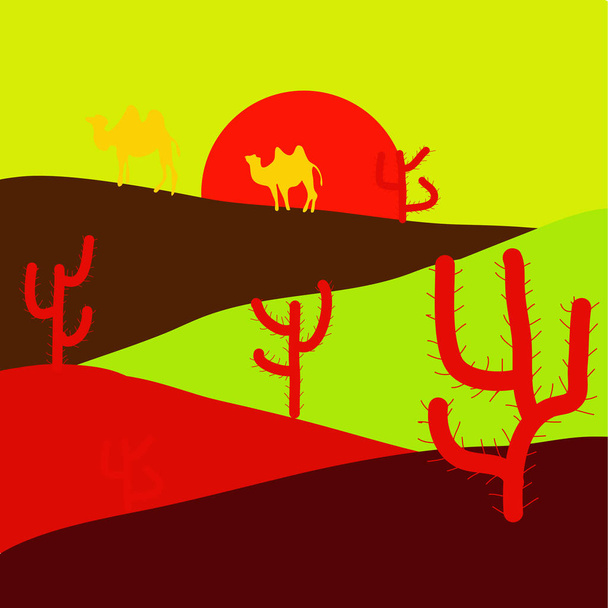 シルエット サボテンと山旅行アフリカ ランドス ケープ フラット スタイル デザイン赤、黄、緑の色の漫画の砂漠。ベクトル図. - ベクター画像