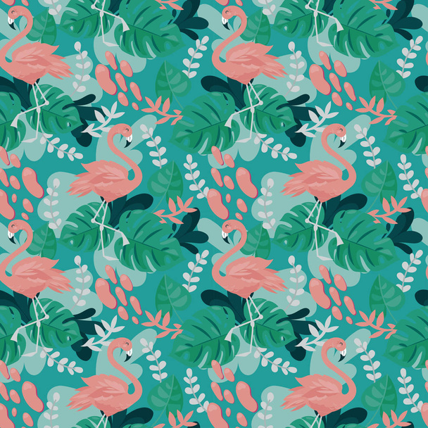 Seamless background with pink flamingo and monstera leaves, cartoon flat style and bright palette, vector illustration - Διάνυσμα, εικόνα