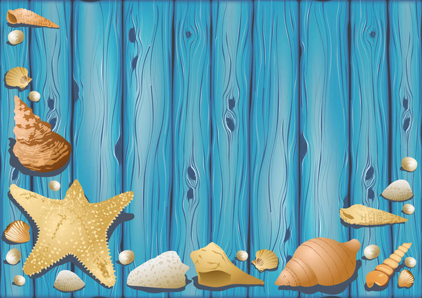 Wooden Background with Seashells - Decorative Illustration with Underwater Life, Vector - Vetor, Imagem