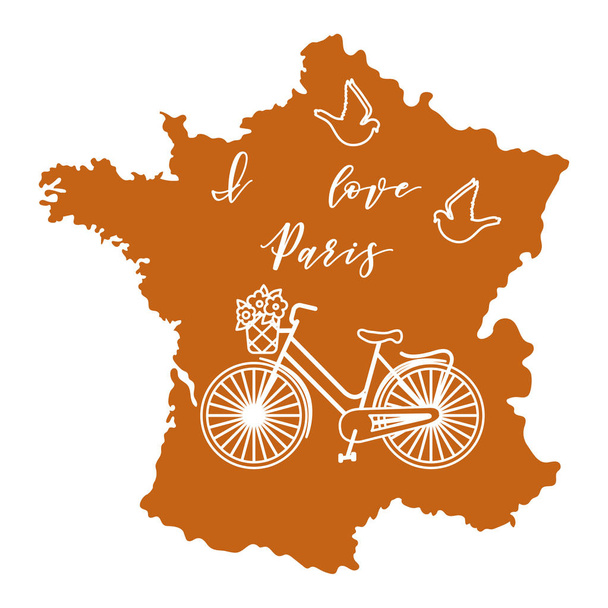 Mapa Francji, rower z koszem kwiatów, gołębie. Podróże i wypoczynek. - Wektor, obraz
