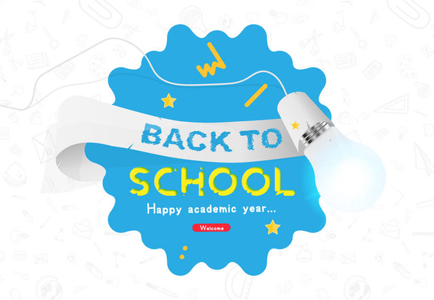 Welcome Back to school. Horizontal Banner with ribbon and set of doodle icons and realistic light bulb with lighting. Concept for education. Vector illustration EPS10. - Wektor, obraz