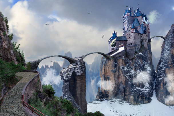 Мистический горный пейзаж с замком на скале
 - Фото, изображение