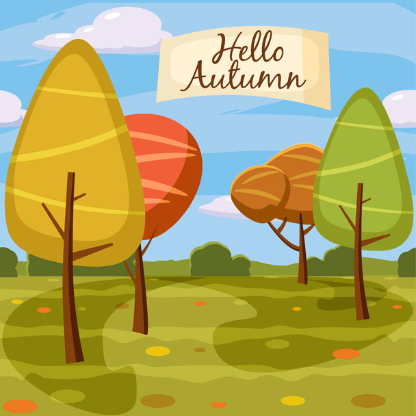 Template Design autumn poster, brochures, posters, postcards Hello autumn. Landscape, cartoon style. Vector. Isolated - Вектор,изображение