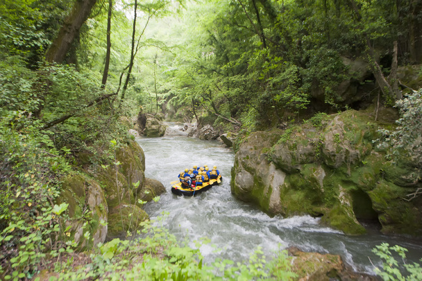 Travail d'équipe de Rafting sur un ruisseau en bateau jaune
 - Photo, image