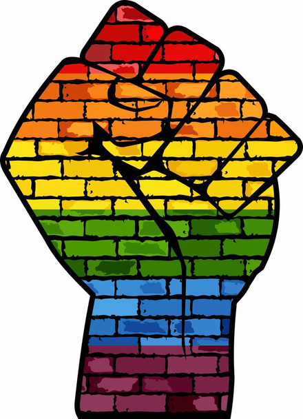 Pugno di protesta LGBT - Illustrazione, Gay Pride Fist su un muro di mattoni, Lotta per i diritti LGBT gay pugno arcobaleno
 - Vettoriali, immagini