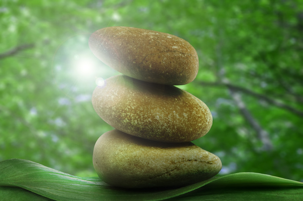 Stacked stones on base of green leafs - Photo, Image