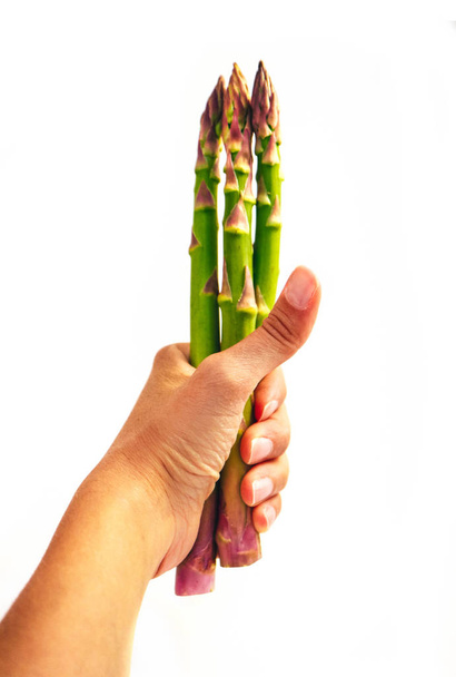 Fresh green asparagus in a hand. Female hand holding a bunch of  asparagus stems. - Foto, Bild