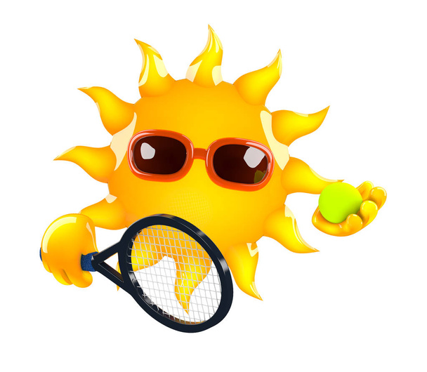 3d render of the Sun holding a tennis raquet - Foto, Bild