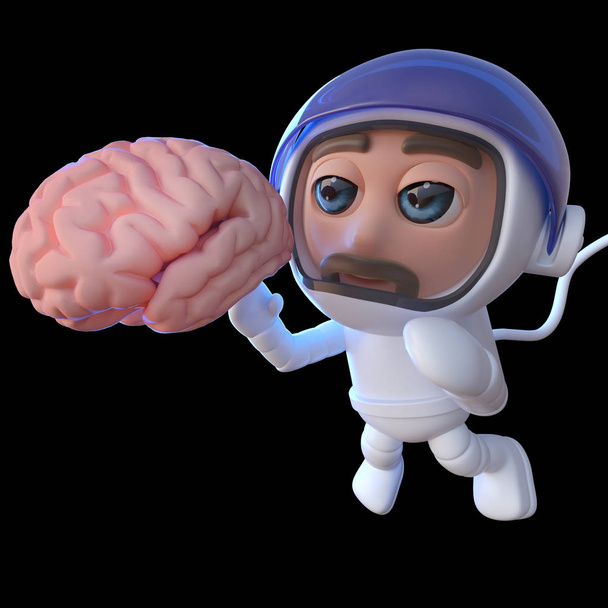 3D καθιστούν ένα αστείο καρτούν διαστημάνθρωπου αστροναύτη βλέπουν ενός ανθρώπινου εγκεφάλου σε χώρο - Φωτογραφία, εικόνα