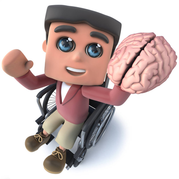 3D καθιστούν ένα αγόρι αστείο καρτούν στην αναπηρική καρέκλα κρατώντας ένα ανθρώπινο εγκέφαλο - Φωτογραφία, εικόνα