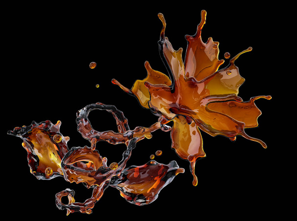 Alcohol, cola, coffee liquid splashes with droplets isolated. 3D illustration - Φωτογραφία, εικόνα