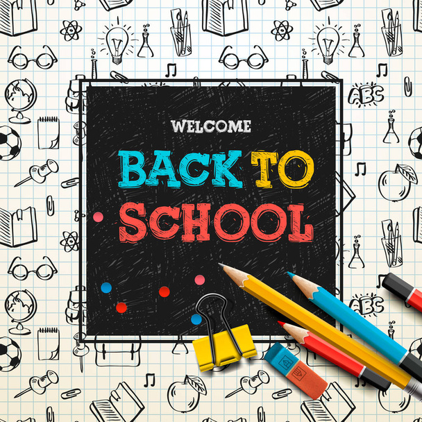 Back to school poster, sketchy notebook doodles with lettering, vector illustration. - Vector, Image