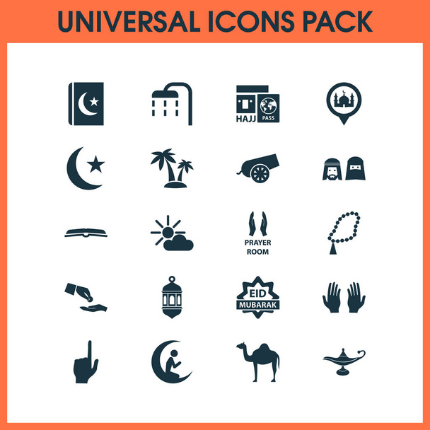 Iconos de vacaciones con escrituras, bombas, eid mubarak y otros elementos zakat. Iconos de vacaciones de ilustración vectorial aislado
. - Vector, Imagen