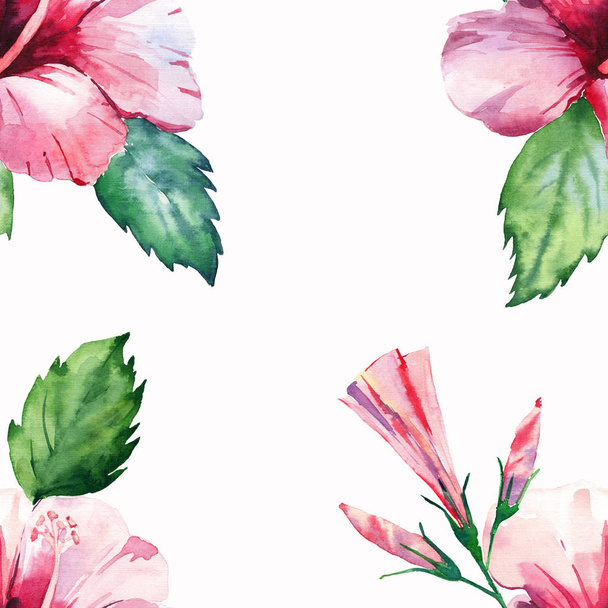 Bright green herbal tropical wonderful hawaii floral summer pattern tropic pink red violet blue flowers hibiscus watercolor hand illustration. Perfect for greetings card, textile, wallpapers - Fotoğraf, Görsel