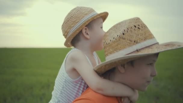 Two brothers are walking in the field in straw hats in the summer. - Footage, Video