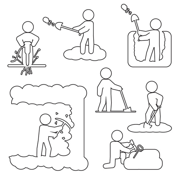People digging, excavating or drilling thin line icon set. Vector outline icons. - Vector, Image
