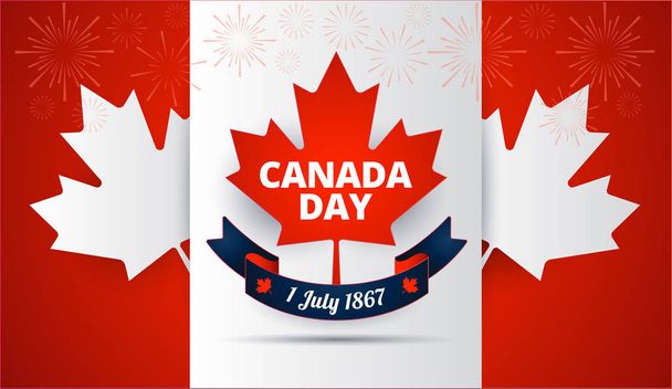 Красный фон Дня Канады с кленовым листом, флаг Канады, векторная иллюстрация праздничных лент
 - Вектор,изображение
