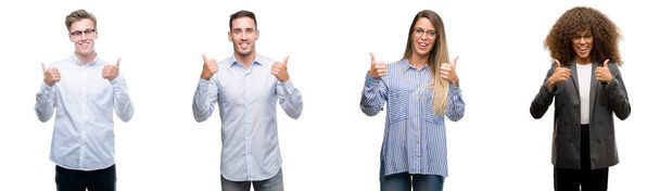 Drużyna mężczyzn i kobiet sukcesu firmy Zarejestruj robi pozytywny gest ręką, kciuk w górę uśmiechnięty i zadowolony. Patrząc na kamery z wesoły wyrażenie, zwycięzca gest. - Zdjęcie, obraz