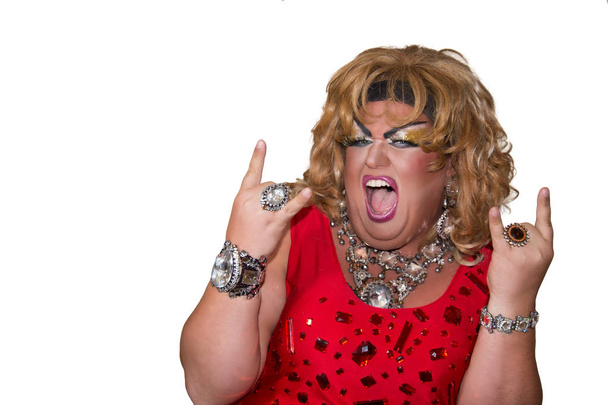 Funny travesty actor. Drag queen in red. Feelings and emotions. Fat man and make-up - Foto, Imagem