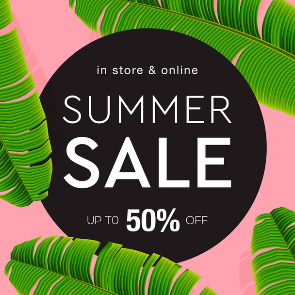 Sale banner, poster with palm leaves, jungle leaf and lettering. Floral tropical summer background, vector illustration - Vector, imagen
