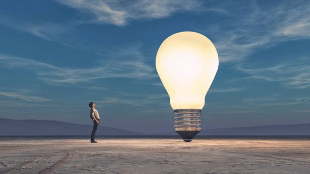 The man looks up towards a big bulb. This is a 3d render illustration. - Photo, Image